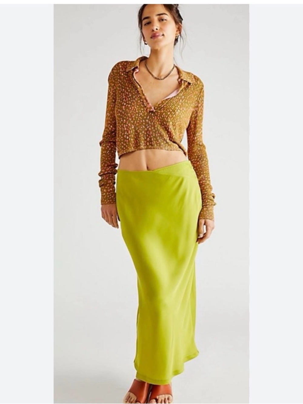 NWT $88 Free People Lime Green Bias-Cut Maxi Skirt M